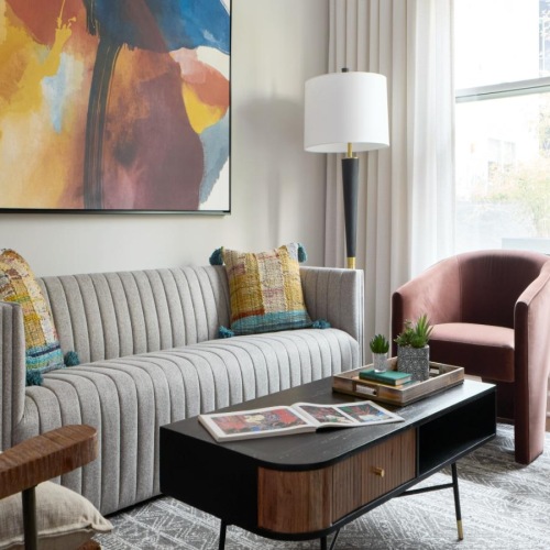 a living room with a couch and a coffee table