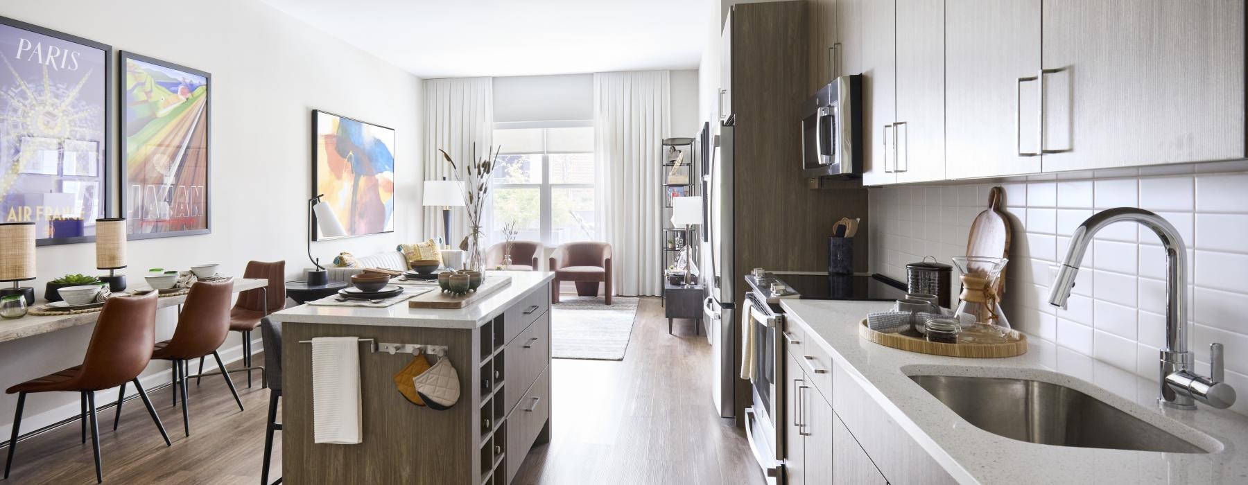a kitchen with a wood floor
